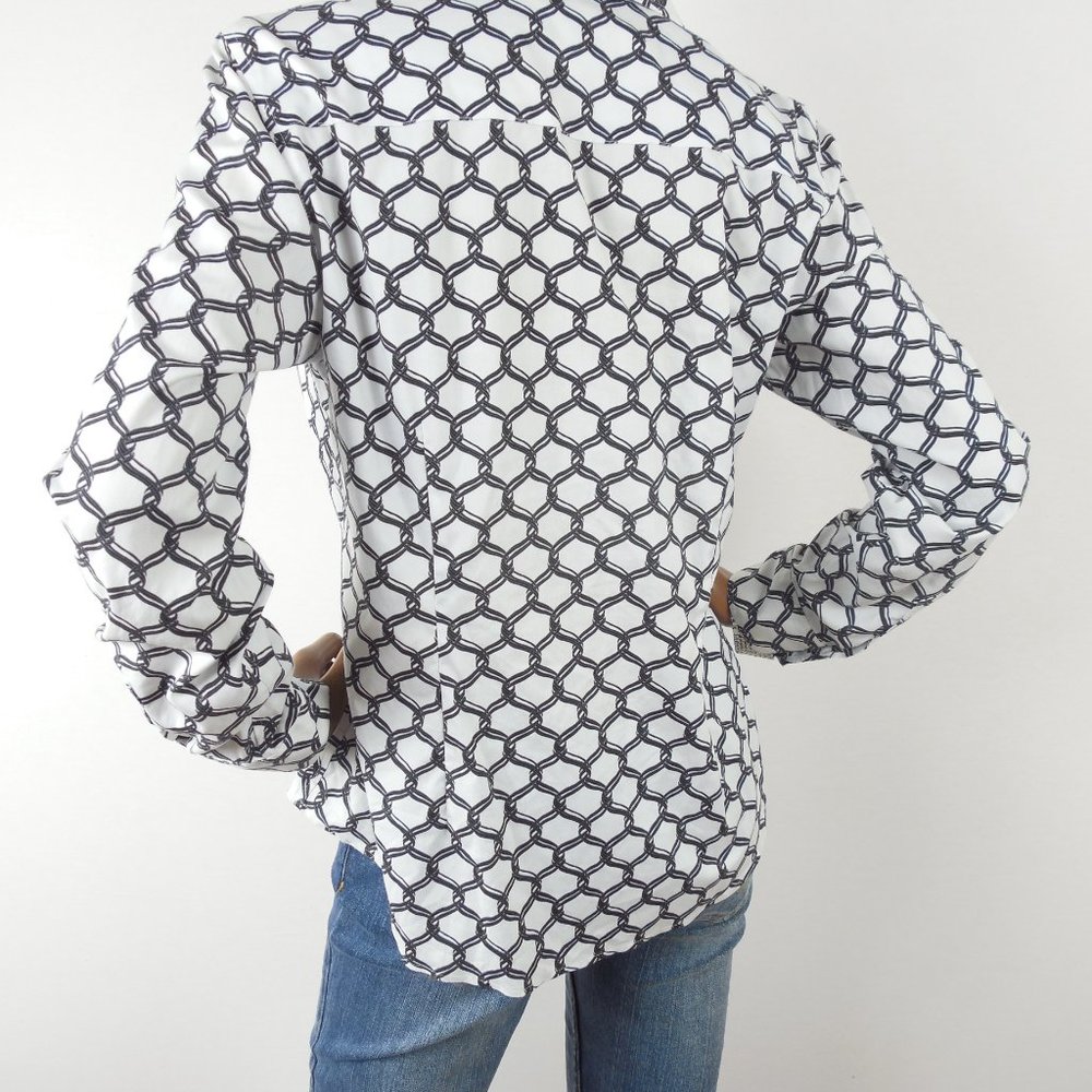 TALBOTS Top M/10 Button Down Blouse Black/White Print Stretch Shirt Casual - Picture 6 of 10